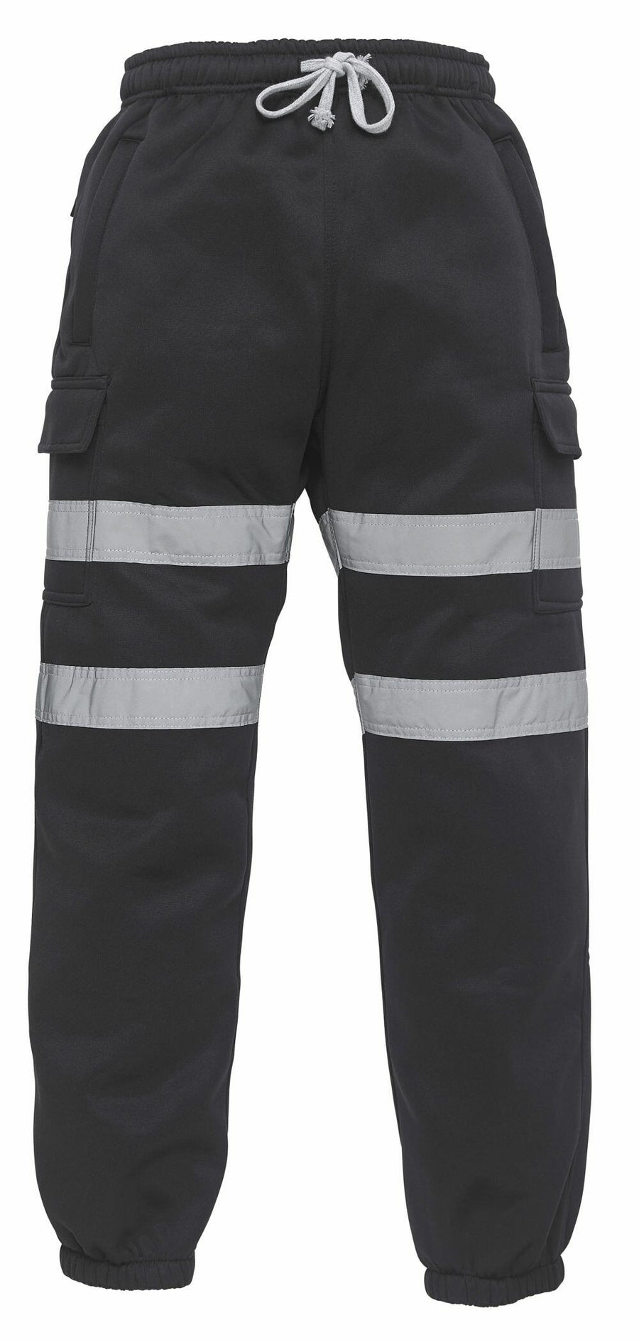 YK013 cargo pants by Yoko, featuring an elastic waistband and reflective stripes on the legs, displayed on a white background.