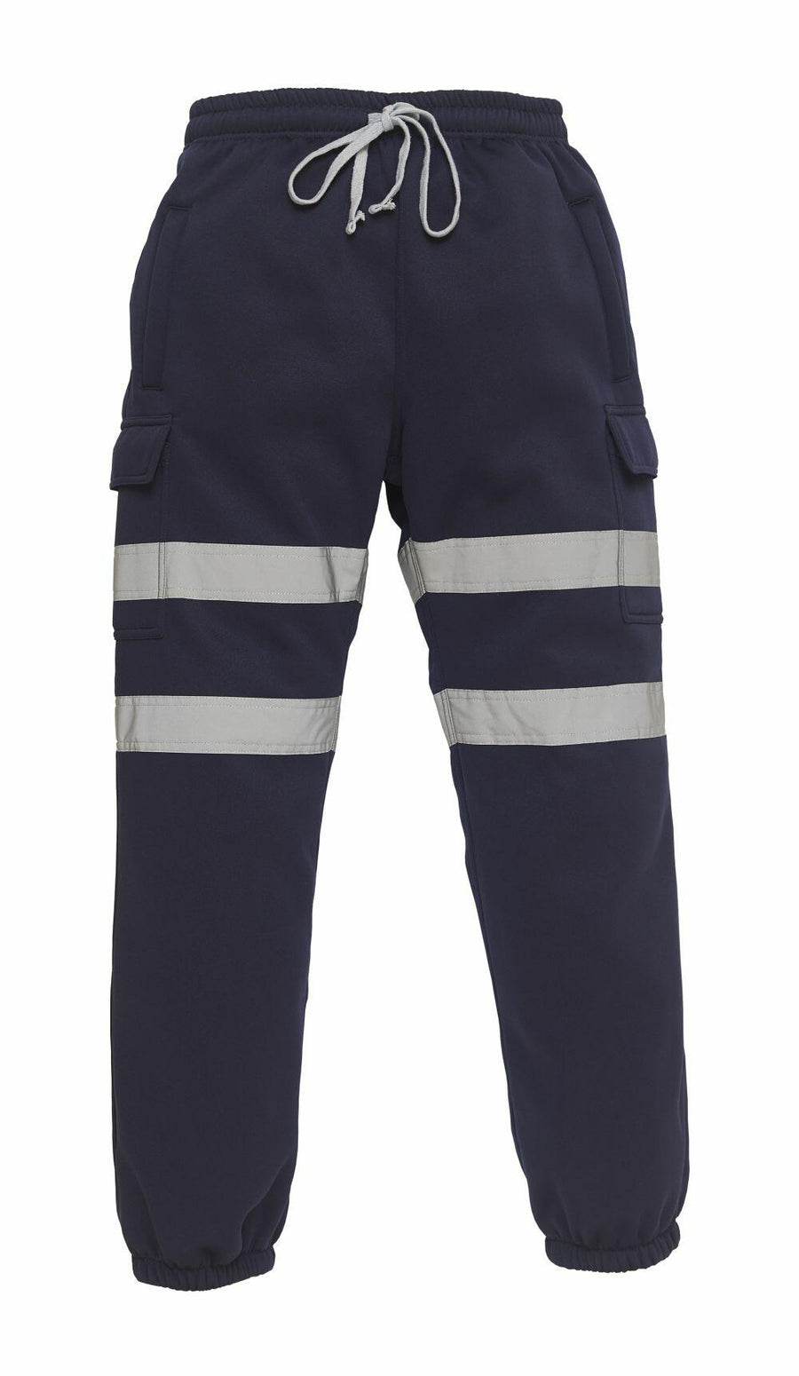 Yoko's YK013 pants feature a black cargo design with gray reflective stripes and an elastic waistband complete with a drawstring.