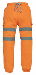Yoko YK013 cargo pants in orange with high-visibility features, including reflective gray stripes and a drawstring waist.