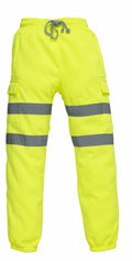 The Yoko YK013 pants are bright yellow high-visibility work pants featuring gray reflective stripes around the legs and multiple pockets. They come with an elastic waistband and a drawstring for a comfortable fit.