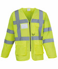 Yoko YK014 high-visibility yellow safety vest with multiple pockets, reflective stripes, and a zippered front closure.