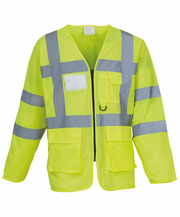 Yoko YK014 high-visibility yellow safety vest with multiple pockets, reflective stripes, and a zippered front closure.