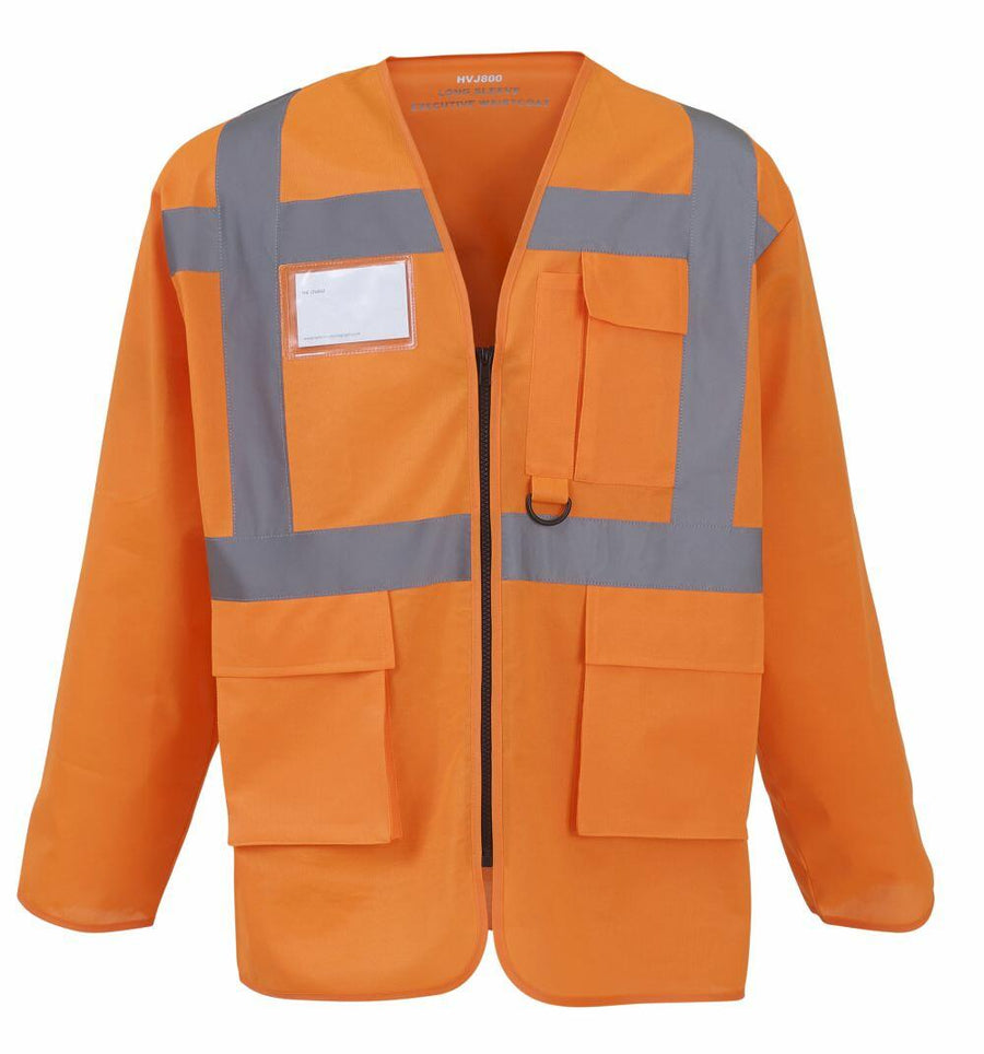 The Yoko YK014 is an orange safety jacket featuring reflective gray stripes, multiple front pockets, a zipper closure, and a clear ID holder on the chest.