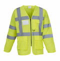 The Yoko YK014 is a fluorescent yellow safety jacket with reflective gray stripes, multiple pockets, and a front zipper.
