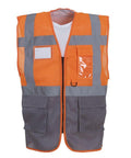 The Yoko YK015 safety vest is orange and gray, equipped with reflective strips, multiple pockets, and features a clear ID holder on the front.