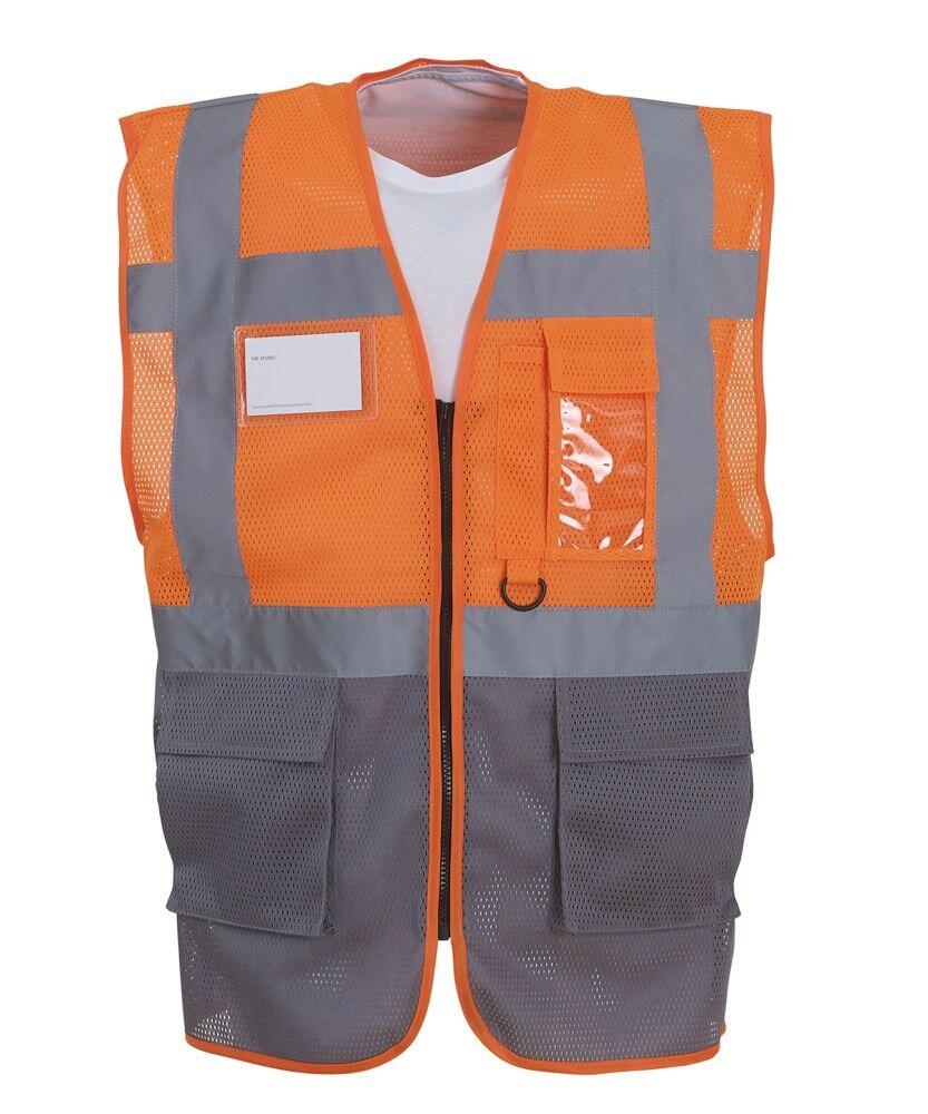 The Yoko YK015 safety vest is orange and gray, equipped with reflective strips, multiple pockets, and features a clear ID holder on the front.