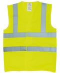 A bright yellow Yoko YK016 high-visibility safety vest with reflective gray stripes horizontally on the chest and around the waist, and vertically over the shoulders.