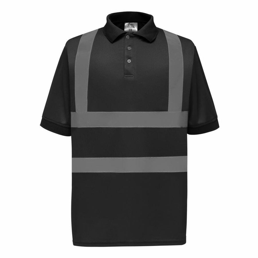 Yoko's YK020 is a black polo shirt featuring reflective gray stripes across the chest and over the shoulders.