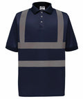 A Yoko navy blue high-visibility polo shirt, model YK020, featuring reflective gray horizontal and vertical stripes, short sleeves, and a button-up collar.