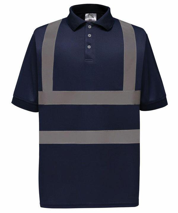 A Yoko navy blue high-visibility polo shirt, model YK020, featuring reflective gray horizontal and vertical stripes, short sleeves, and a button-up collar.