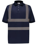 A Yoko YK020 polo shirt in navy blue featuring reflective gray horizontal and vertical stripes on the front.