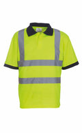 The Yoko YK020 is a bright yellow high-visibility safety shirt featuring two horizontal reflective stripes and vertical reflective shoulder stripes. It also includes a black collar and short sleeves.