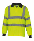 A bright yellow high-visibility long-sleeve shirt with reflective grey stripes across the chest, arms, and shoulders. The Yoko YK021 has a black collar and black cuffs.