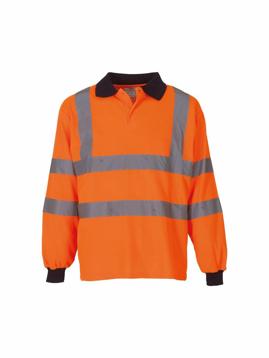 The Yoko YK021 is a high-visibility shirt featuring an orange color, long sleeves, gray reflective stripes, and black cuffs and collar.