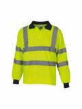 YK021 by Yoko is a bright yellow long-sleeve safety shirt featuring silver reflective strips and black collar and cuffs.