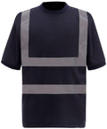 The Yoko YK025 is a black t-shirt with gray reflective horizontal and vertical stripes across the front.