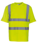 Introducing the Yoko YK025: a bright yellow, short-sleeved high-visibility shirt designed for safety, featuring reflective silver stripes across the chest and over the shoulders.