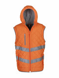YK026 by Yoko is an orange quilted safety vest with a hood, designed with reflective grey stripes and multiple zippered pockets.