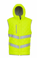 The Yoko YK026 is a bright yellow high-visibility vest designed with reflective stripes and a hood, showcasing a quilted texture and zipper pockets.