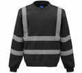 The Yoko YK030 is a black sweatshirt featuring reflective gray stripes on the front, sleeves, and sides, designed for high visibility.