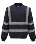 The Yoko YK030 sweatshirt is black with reflective gray stripes across the chest, arms, and waist, and features a crew neckline.