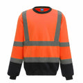 The Yoko YK030 is a high-visibility orange safety sweatshirt featuring gray reflective stripes across the chest and arms, complemented by black bottom and cuffs. It is showcased against a plain white background.
