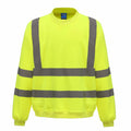The Yoko YK030 is a bright yellow safety sweatshirt featuring reflective gray stripes across the chest, waist, and shoulders. It comes with long sleeves and a crew neck design.
