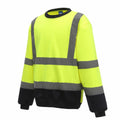 A Yoko YK030 neon yellow high-visibility safety sweatshirt features reflective gray strips across the chest, sleeves, and waist, complemented by black accents at the bottom and cuffs.