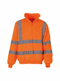 The Yoko YK031 is an orange, high-visibility jacket with gray reflective stripes, featuring a half-zip front and long sleeves.