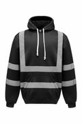 The Yoko YK032 black hoodie features gray reflective stripes, a front pouch pocket, and white drawstrings.