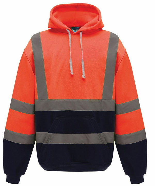 Yoko YK032 high-visibility hoodie in orange and navy blue with reflective stripes, a front pocket, and a drawstring hood.
