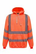 The Yoko YK032 is a vibrant orange pullover hooded sweatshirt featuring reflective gray stripes across the front, sleeves, and lower torso. It includes a front pouch pocket and an adjustable drawstring hood for added convenience.