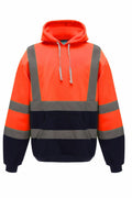 The Yoko YK032 is a bright orange hoodie featuring gray reflective stripes and a drawstring hood. It has black lower parts and cuffs, along with a large front pocket, making it ideal for high-visibility workwear.