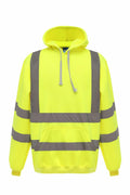 The Yoko YK032 is a bright yellow hoodie featuring gray reflective strips on the chest, sleeves, and waist. It includes a front pocket and drawstrings for added convenience.