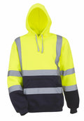 The Yoko YK032 is a high-visibility safety hoodie in fluorescent yellow, featuring reflective gray stripes across the chest and arms, a hood with drawstrings, and a front pocket. The bottom half of the hoodie is a contrasting navy blue.