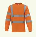 The Yoko YK033 is an orange long-sleeve safety shirt featuring reflective silver stripes on the torso and sleeves, displayed against a plain background.