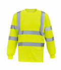 The Yoko YK033 is a yellow long-sleeve high-visibility shirt featuring reflective silver stripes across the chest, arms, and shoulders.
