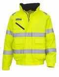 The Yoko YK035 jacket is a bright yellow high-visibility jacket featuring silver reflective stripes and multiple pockets, displayed on a plain white background.
