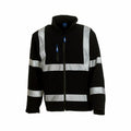 The Yoko YK040 is a black high-visibility jacket designed with reflective stripes on the arms, chest, and back. It features a zip closure and a small chest pocket, making it suitable for safety and outdoor work.