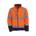 Introducing the Yoko YK040 jacket, featuring a vibrant orange color with reflective gray strips across the chest, waist, and sleeves. It includes a convenient front zipper, a stand-up collar, and a small zippered pocket on the left chest area. This jacket is also designed with black cuffs and lower sides for added style.