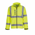 Introducing the Yoko YK040, a neon yellow high-visibility jacket featuring reflective gray stripes across the chest, arms, and waist. It is equipped with a front zipper, a zippered chest pocket, and a hood. The jacket also has adjustable cuffs with Velcro straps for added convenience.