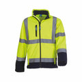 The Yoko YK040 is a high-visibility yellow safety jacket featuring reflective gray stripes across the arms and torso, complemented by black accents on the cuffs, lower sides, and collar. It also includes a zippered chest pocket for convenience.