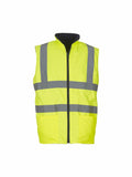 The Yoko YK041 is a reflective yellow safety vest that features horizontal and vertical gray stripes, complemented by a central black zipper.