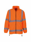 The Yoko YK042 jacket features a bright orange color with reflective gray stripes, a full front zipper, and adjustable waist drawstrings for optimal visibility and comfort.