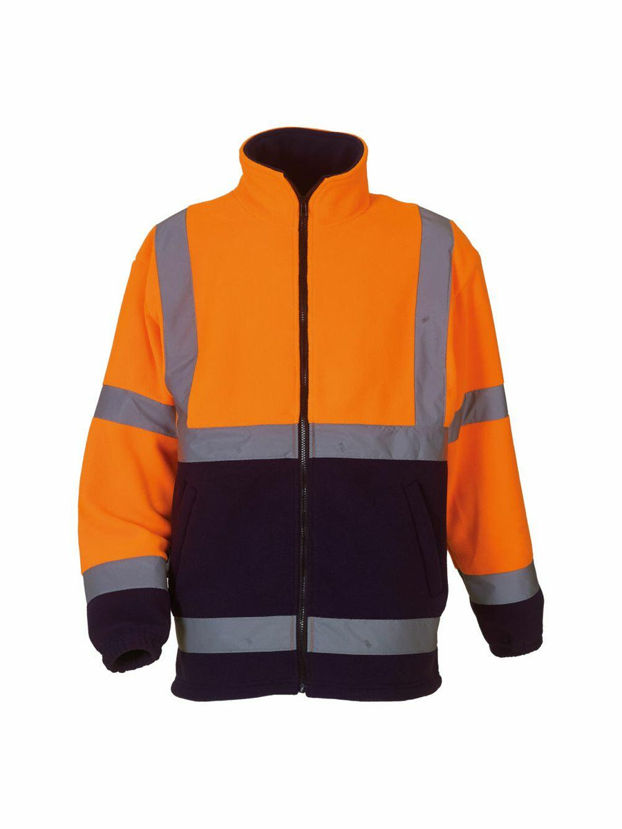 The Yoko YK042 safety jacket features a vibrant orange color with reflective gray stripes, a black lower section, and a front zipper.