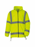 The Yoko YK042 is a bright yellow high-visibility jacket featuring reflective gray stripes on the chest, arms, and waist. It comes with a front zipper closure and adjustable drawstrings for a custom fit.