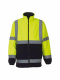 Introducing the Yoko YK042: a high-visibility safety jacket designed with a neon yellow upper section and a black lower section. This jacket features reflective gray stripes strategically placed on the chest, sleeves, and waist for enhanced visibility. It is equipped with a front zipper and elastic cuffs for added comfort and functionality.
