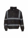 Yoko's YK043 jacket in black features gray reflective stripes, front pockets, and a high collar.
