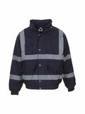 A Yoko YK043 safety jacket in dark blue, featuring light gray reflective stripes and multiple pockets.