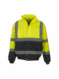 The Yoko YK044 jacket features a high-visibility yellow and black design with reflective gray stripes, multiple pockets, and a zip closure.